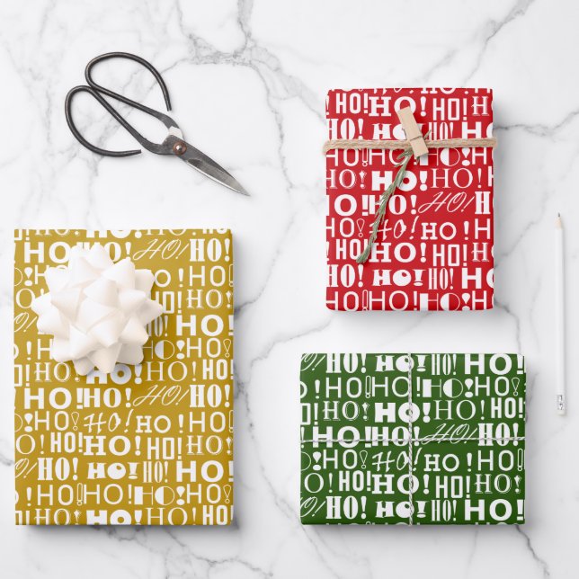 Hoja De Papel De Regalo Jolly Navidades Red Green y Gold "HO! ¡Oh! ¡Oh! (Anverso)