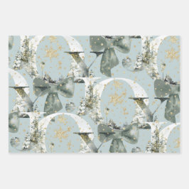 Hoja De Papel De Regalo Joy Winter Forest Font Green Bow Gold Snow