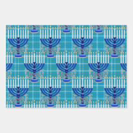 Hoja De Papel De Regalo Judío-Menorah-Plaid-Cyan