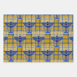 Hoja De Papel De Regalo Judío-Menorah-Plaid-Gold
