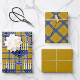 Hoja De Papel De Regalo Judío-Menorah-Plaid-Gold