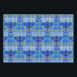 Hoja De Papel De Regalo Judío-Menorah-Plaid-Lt-Blue<br><div class="desc">De mi nueva Colección Judía entrando a las tiendas ahora... MENORAH PLAID LT BLUE. Un gran diseño menorah plateado y azul detallado de 9 bifurcaciones en un diseño de fondo de fondo. Todas las velas aparecen encendidas. El patrón de yeso es verde, dorado y azul. Tienes 3 hojas de envolver...</div>