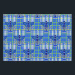 Hoja De Papel De Regalo Judío-Menorah-Plaid-Lt-Blue<br><div class="desc">De mi nueva Colección Judía entrando a las tiendas ahora... MENORAH PLAID LT BLUE. Un gran diseño menorah plateado y azul detallado de 9 bifurcaciones en un diseño de fondo de fondo. Todas las velas aparecen encendidas. El patrón de yeso es verde, dorado y azul. Tienes 3 hojas de envolver...</div>