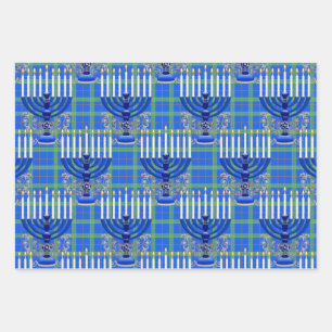 Hoja De Papel De Regalo Judío-Menorah-Plaid-Lt-Blue