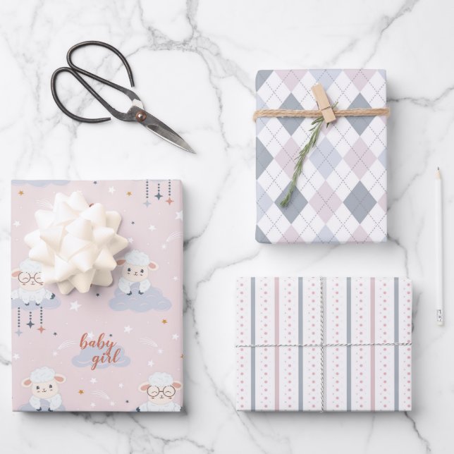 Hoja De Papel De Regalo Juego de 3-Baby Lambs, Argyle,Stripes Gris Blanco  (Anverso)