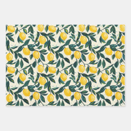 Hoja De Papel De Regalo Juego de 3 con estampado de limón amarillo brillan