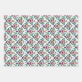 Hoja De Papel De Regalo Juego de 3 flores y corazones rosados y turquesa t