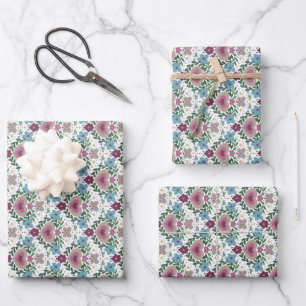 Hoja De Papel De Regalo Juego de 3 flores y corazones rosados y turquesa t