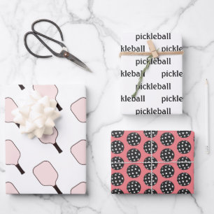Hoja De Papel De Regalo Juego de 3 láminas de envolver pickleball rosas