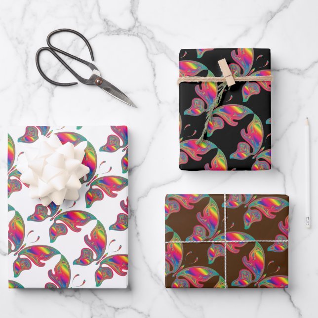 Hoja De Papel De Regalo Juego de 3 mariposas arcoiris (Anverso)