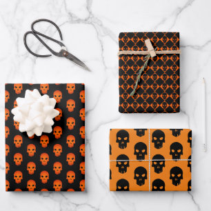 Hoja De Papel De Regalo Juego de Halloween Black & Naranja Skulls