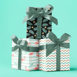 Hoja De Papel De Regalo Juego de oro azul Flamingo tropical de verano de 3