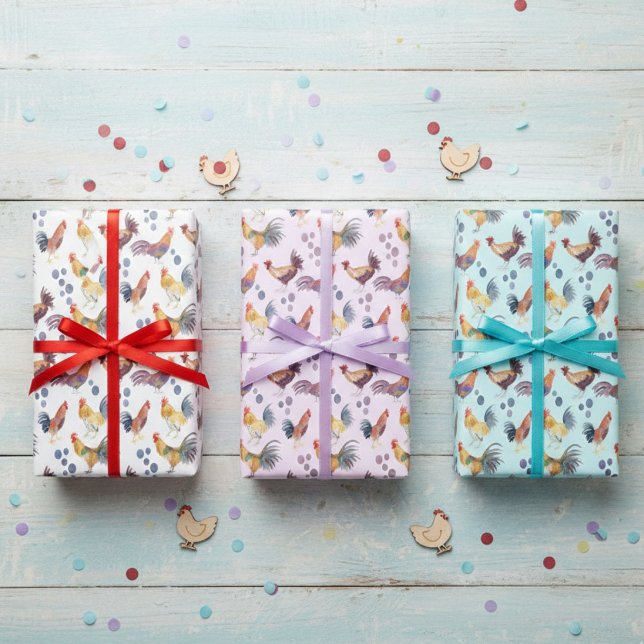 Hoja De Papel De Regalo Juego de patrones de acuarela de gallinas y huevos (Colorful Chickens & Eggs Watercolor Pattern Set of Wrapping Paper Sheets
)