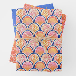 Hoja De Papel De Regalo Juego náutico de tres con conchas y hierba marina
