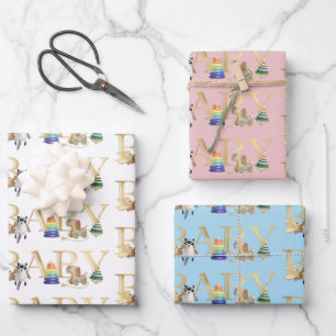 Hoja De Papel De Regalo Juguetes Baby Shower Gold Font Vintage