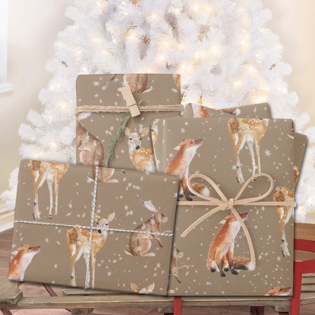 Hoja De Papel De Regalo Juntos Kraft Elegant Snowy Animales De Invierno (Rustic Kraft Elegant Snowy Winter Animals Together Christmas Holiday Gift Wrapping Paper Sheets Trio)