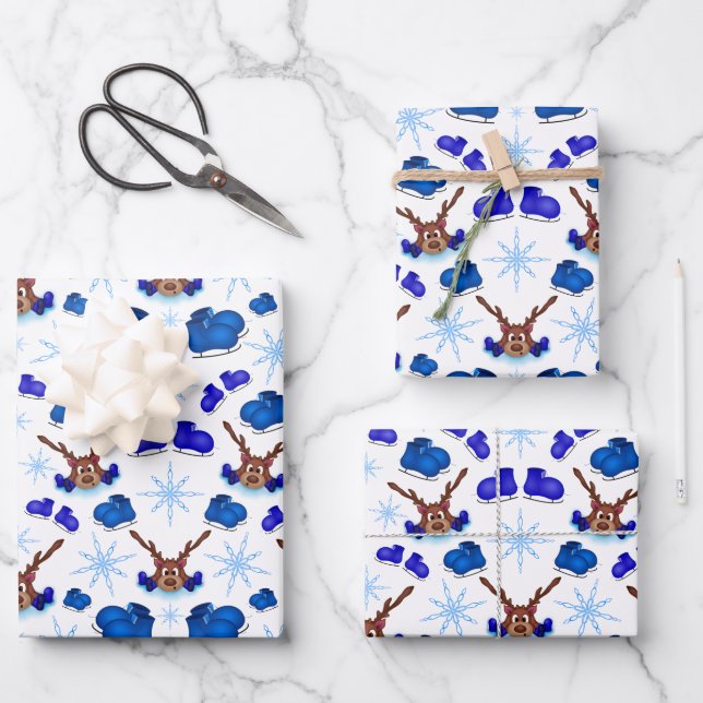 Hoja De Papel De Regalo Kasky Cute Navidades Rina En Patines De Hielo Azul (Anverso)