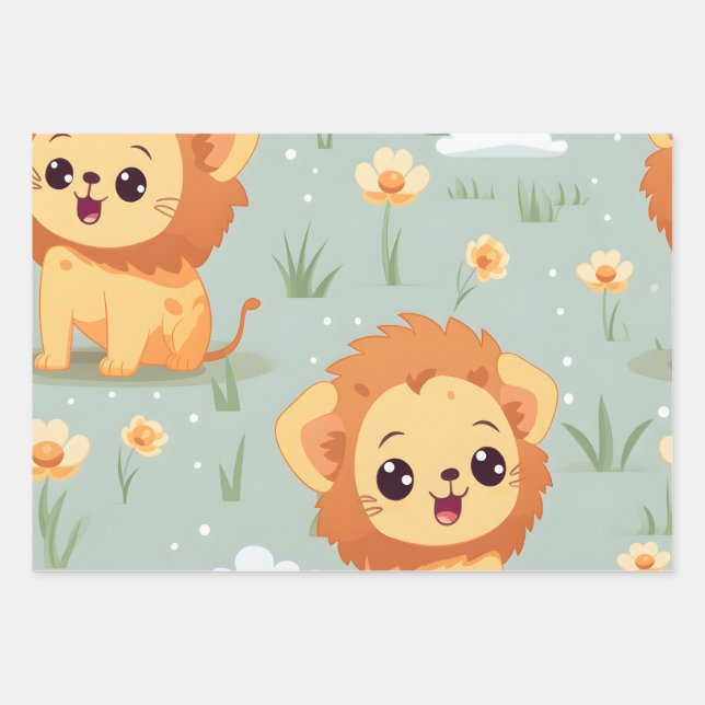Hoja De Papel De Regalo Kawaii Cute Lion Cubs (Anverso)