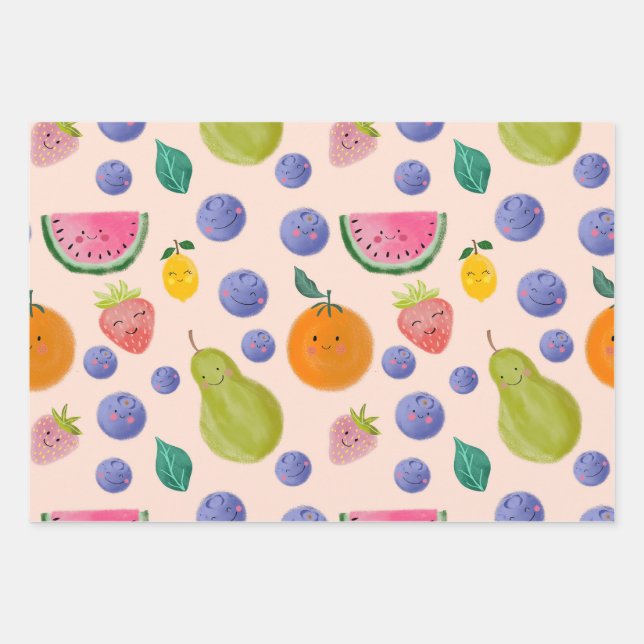 Hoja De Papel De Regalo Kawaii Hand-drawn Happy Fruits (Anverso)