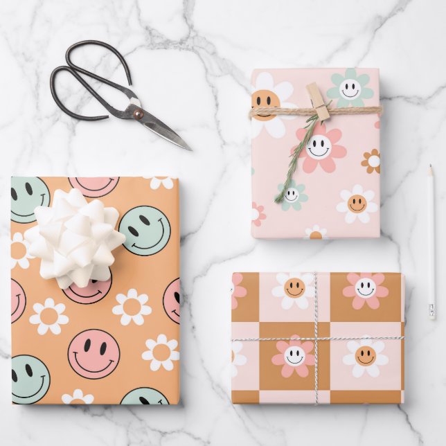 Hoja De Papel De Regalo Kawaii Retro Happy Daisy (Anverso)