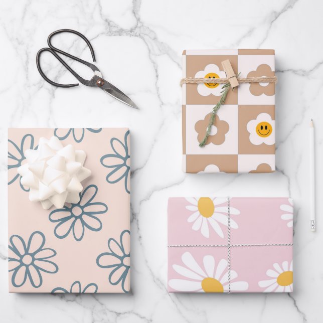 Hoja De Papel De Regalo Kawaii Retro Pink Daisy (Anverso)
