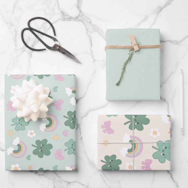 Hoja De Papel De Regalo Kawaii Shamrock & Rainbow Pastel Verde conjunto de (Anverso)