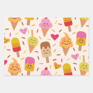 Hoja De Papel De Regalo Kawaii Sonriente Helado Niños Cumpleaños