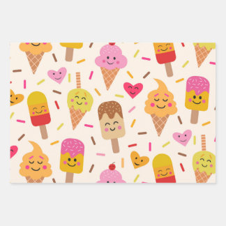 Hoja De Papel De Regalo Kawaii Sonriente Helado Niños Cumpleaños