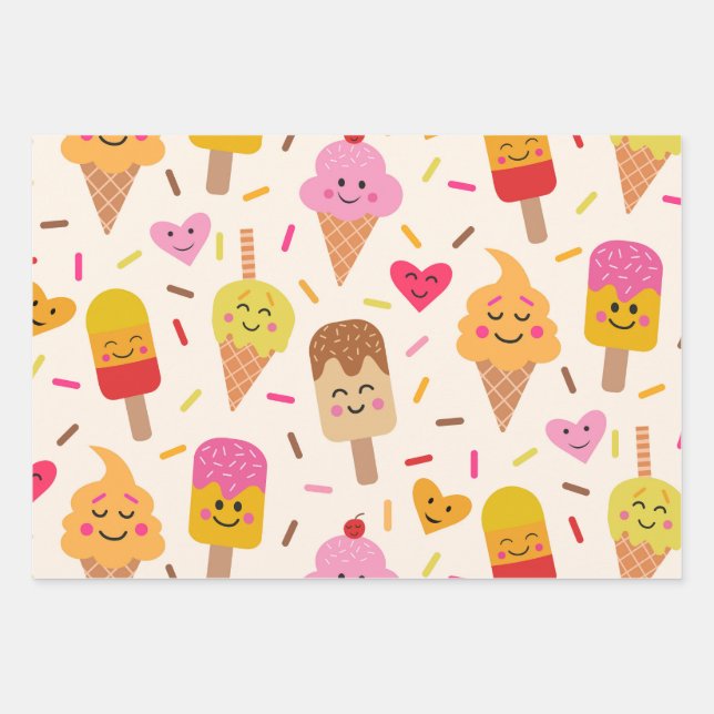 Hoja De Papel De Regalo Kawaii Sonriente Helado Niños Cumpleaños (Anverso)