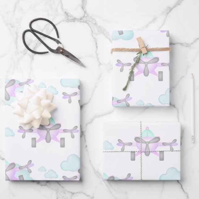 Hoja De Papel De Regalo Kids Purple Airplane Volando Aviation Cumpleaños (Anverso)