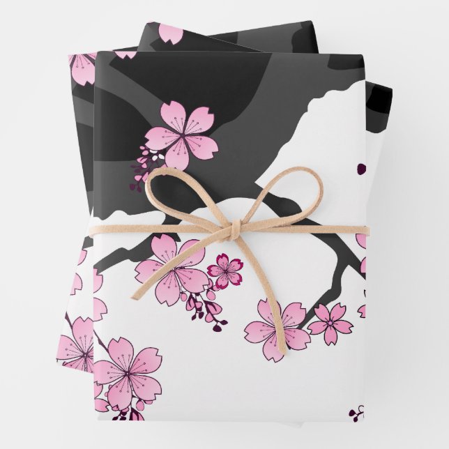 Hoja De Papel De Regalo Kimono japonés Sakura negro y rosa blanco (In situ)