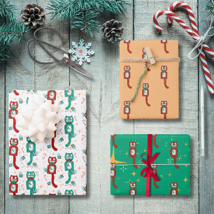 Hoja De Papel De Regalo Kit de Navidad Vintage Kat Clock Cute