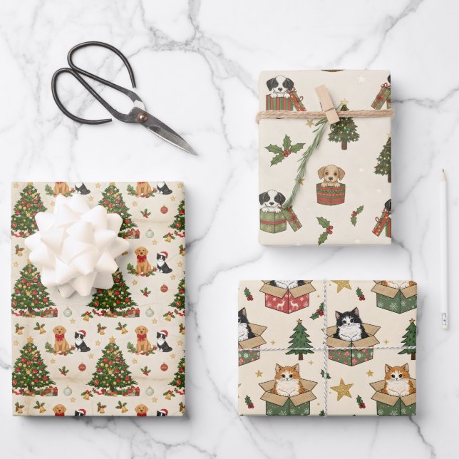 Hoja De Papel De Regalo Kittens, Puppies, and Christmas Trees Pattern (Anverso)
