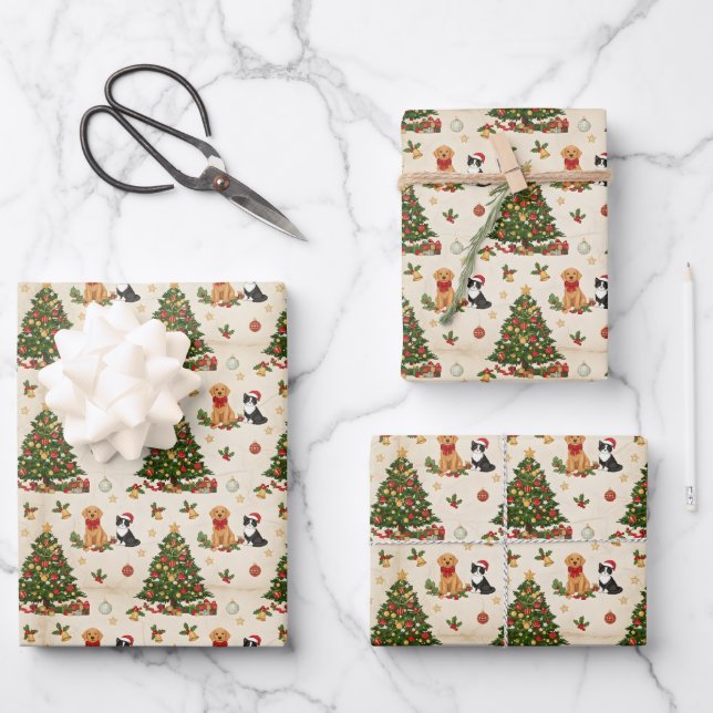 Hoja De Papel De Regalo Kittens, Puppies, and Christmas Trees Pattern (Anverso)