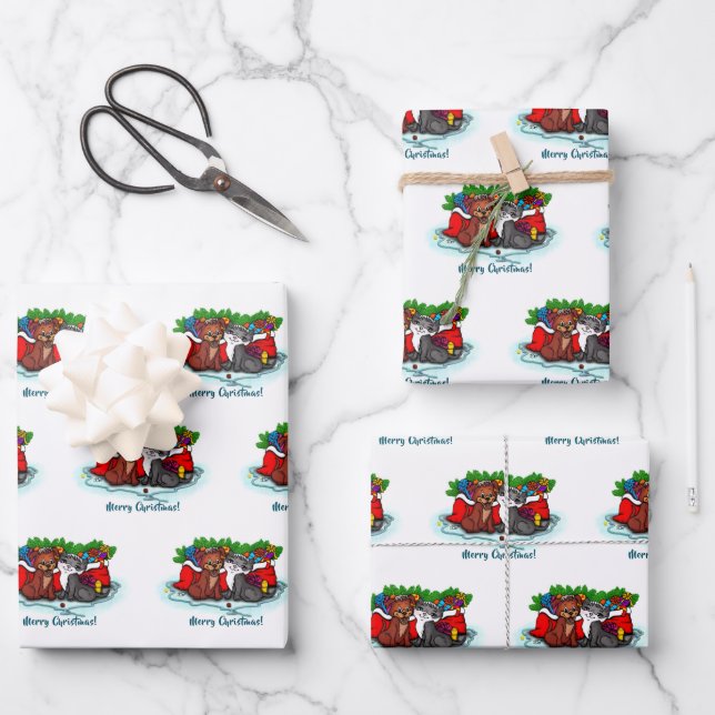 Hoja De Papel De Regalo Kitty and Puppy , Happy XMas (Anverso)