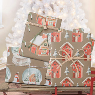 Hoja De Papel De Regalo Kraft Gingerbread Casa Rústica Globe Snowman