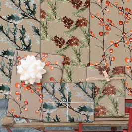 Hoja De Papel De Regalo Kraft Juniper Pine Cones y Berries Ilex