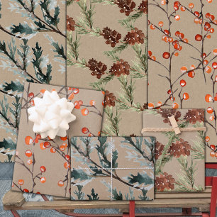 Hoja De Papel De Regalo Kraft Juniper Pine Cones y Berries Ilex