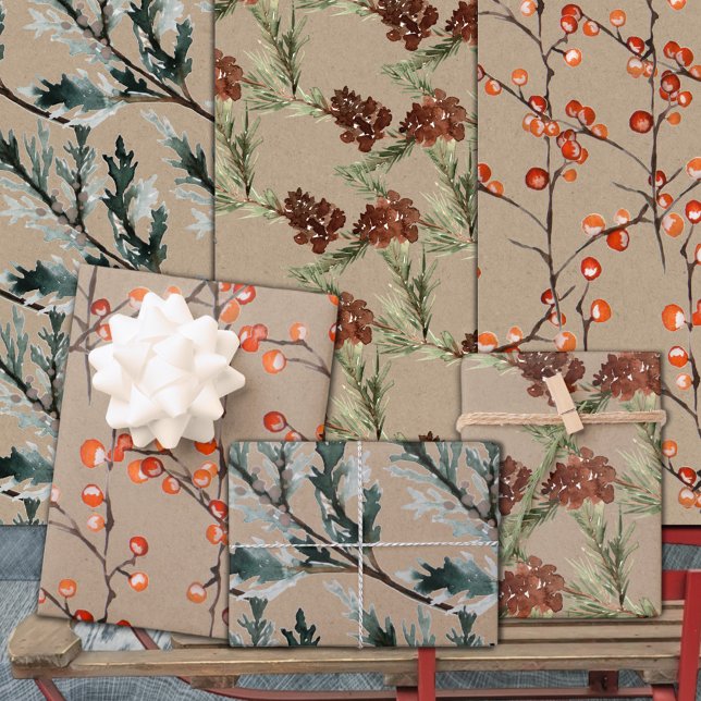 Hoja De Papel De Regalo Kraft Juniper Pine Cones y Berries Ilex (Rustic Kraft Juniper Pine Cones & Ilex Berries Christmas Holiday Gift Wrapping Sheets Trio)