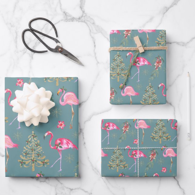 Hoja De Papel De Regalo Kraft Pink Flamingos Mingeando En Una Fiesta De Na (Anverso)