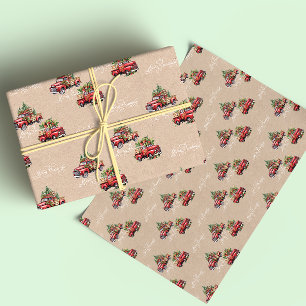 Hoja De Papel De Regalo Kraft Red Truck Árbol de Navidad Feliz Navidad