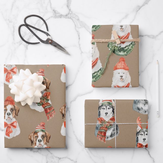 Hoja De Papel De Regalo Kraft Rústico Grandes perros vestidos para Navidad (Anverso)