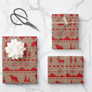 Hoja De Papel De Regalo Kraft Rústico Nórdico Sweater Red Winter Animales