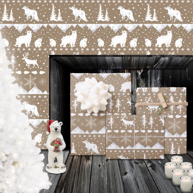 Hoja De Papel De Regalo Kraft Rústico Nórdico Sweater White Winter Animale (Rustic Kraft Nordic Sweater White Winter Animals Wrapping Paper Sheets)