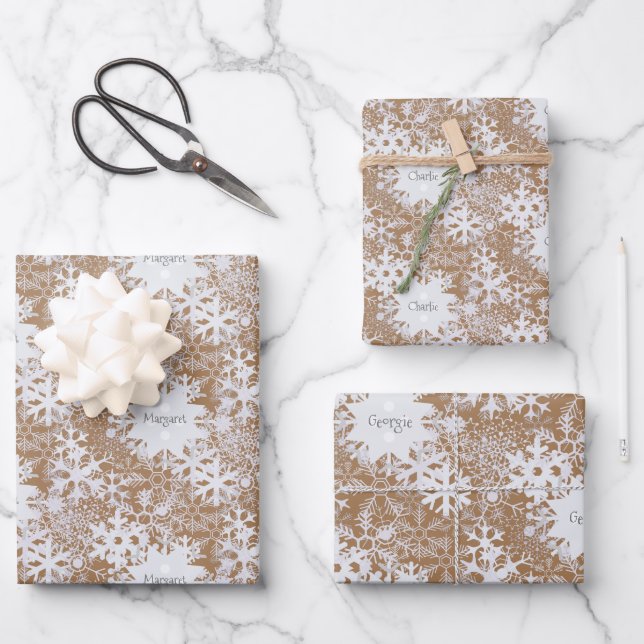 Hoja De Papel De Regalo Kraft Snowflakes Personaliza Tres Nombres Winter (Anverso)