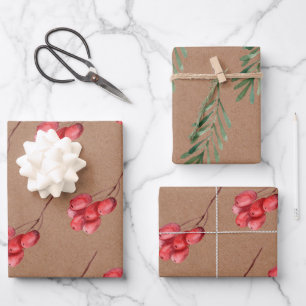Hoja De Papel De Regalo Kraft-Watercolor Berry y hoja de vegetación
