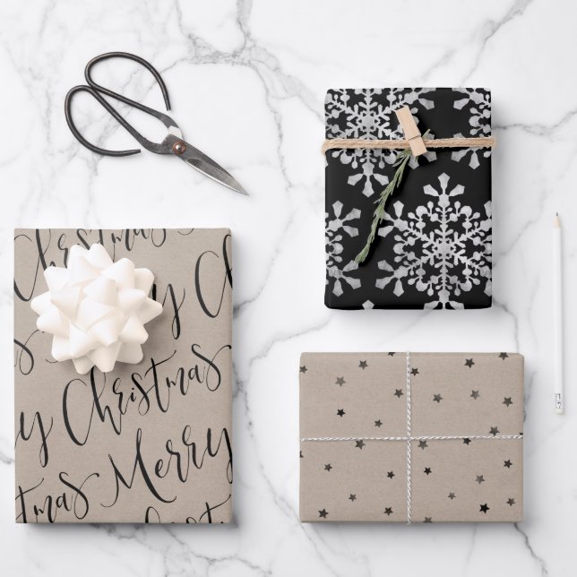 Hoja De Papel De Regalo Kraft Y Black Merry Nochebuena Estrellas De Snowfl (Anverso)