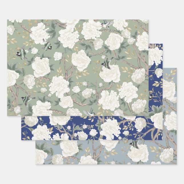 Hoja De Papel De Regalo La lujosa Chinoiserie Sage Green Ivory Flowers Bir (Set)