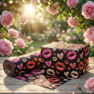 Hoja De Papel De Regalo Labios Brillantes Besos Glamour Pop Art Negro