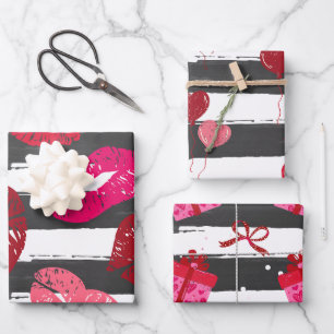 Hoja De Papel De Regalo Labios Rojos y Rosados y Corazones Rayas San Valen